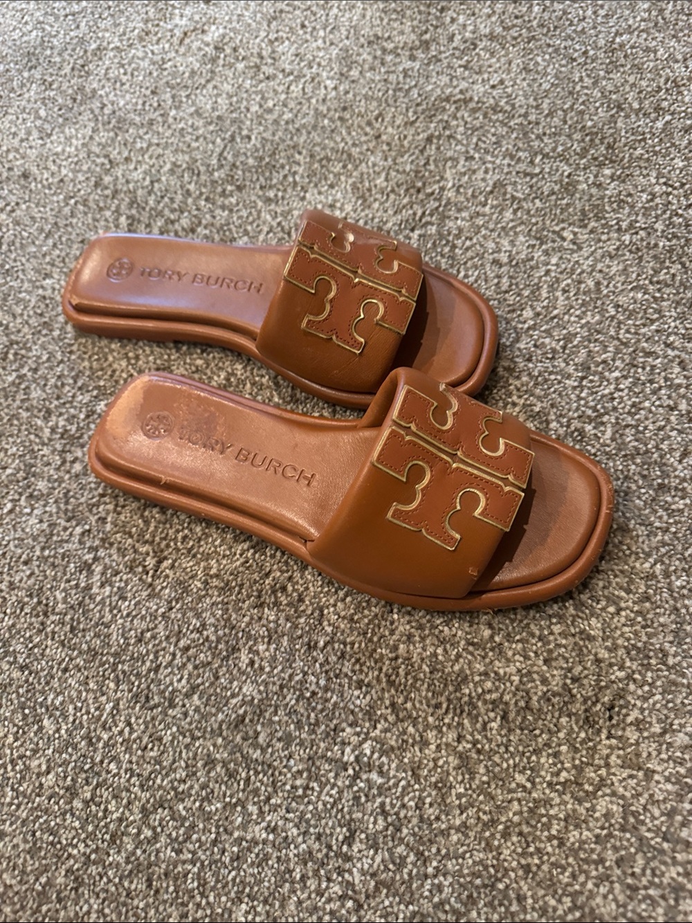 Tory Burch Cognac Leather Logo Slide Sandals - Picture 3 of 5